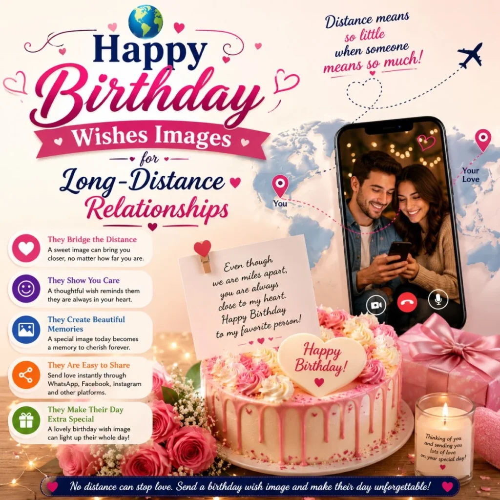 Happy birthday wishes image for long-distance relationships with a cake, flowers, video call, and heartfelt birthday message.