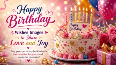 Happy birthday wishes image with a festive cake, balloons, flowers, and heartfelt birthday message to share love and joy.