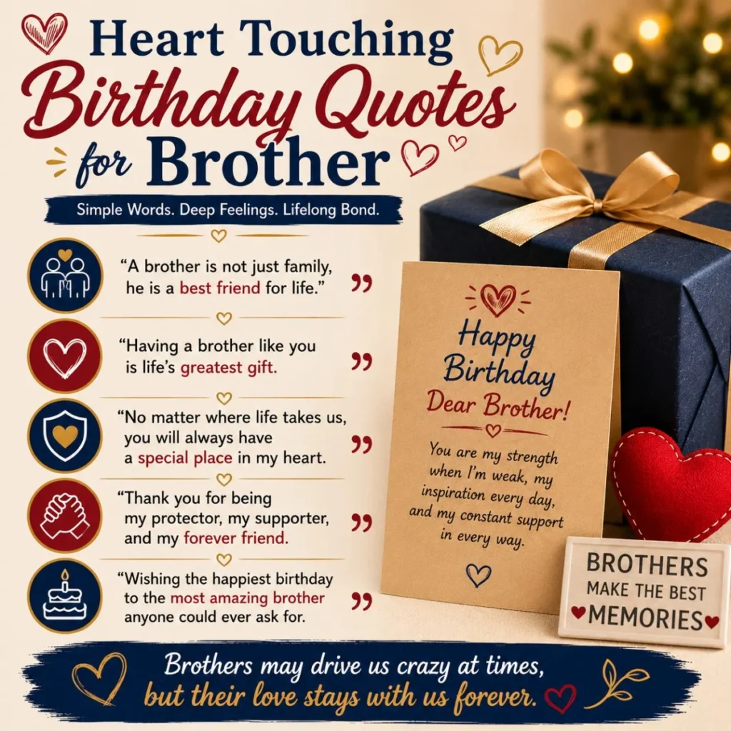 Heart touching birthday quotes for brother with heartfelt card, gift box, and meaningful birthday messages