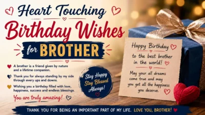 Heart touching birthday wishes for brother with heartfelt message, gift box, birthday card, and warm celebration background