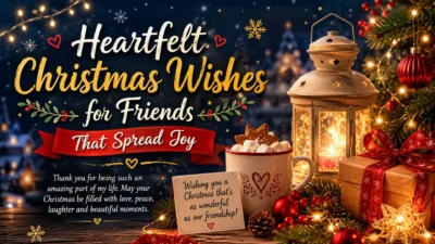 Heartfelt Christmas wishes for friends with festive lights, gifts, lantern, and holiday decorations spreading joy and love.