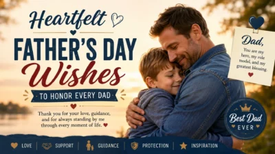 Heartfelt Father's Day wishes image with a loving father hugging his son at sunset to honor every dad with love and gratitude