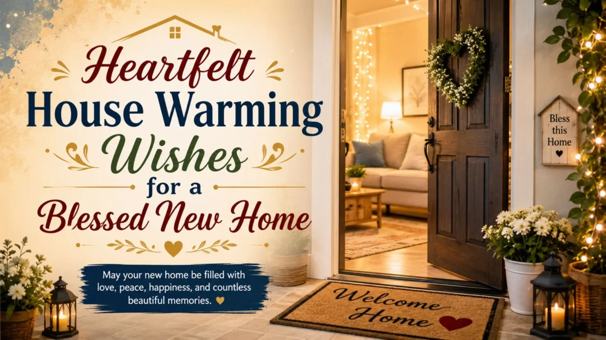 Heartfelt house warming wishes with a cozy new home entrance, warm lights, and blessings for peace, love, and happiness.