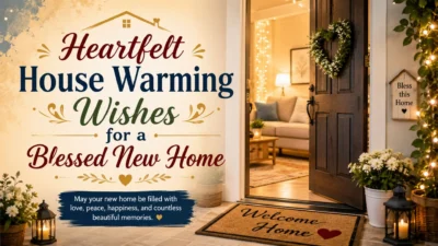 Heartfelt house warming wishes with a cozy new home entrance, warm lights, and blessings for peace, love, and happiness.