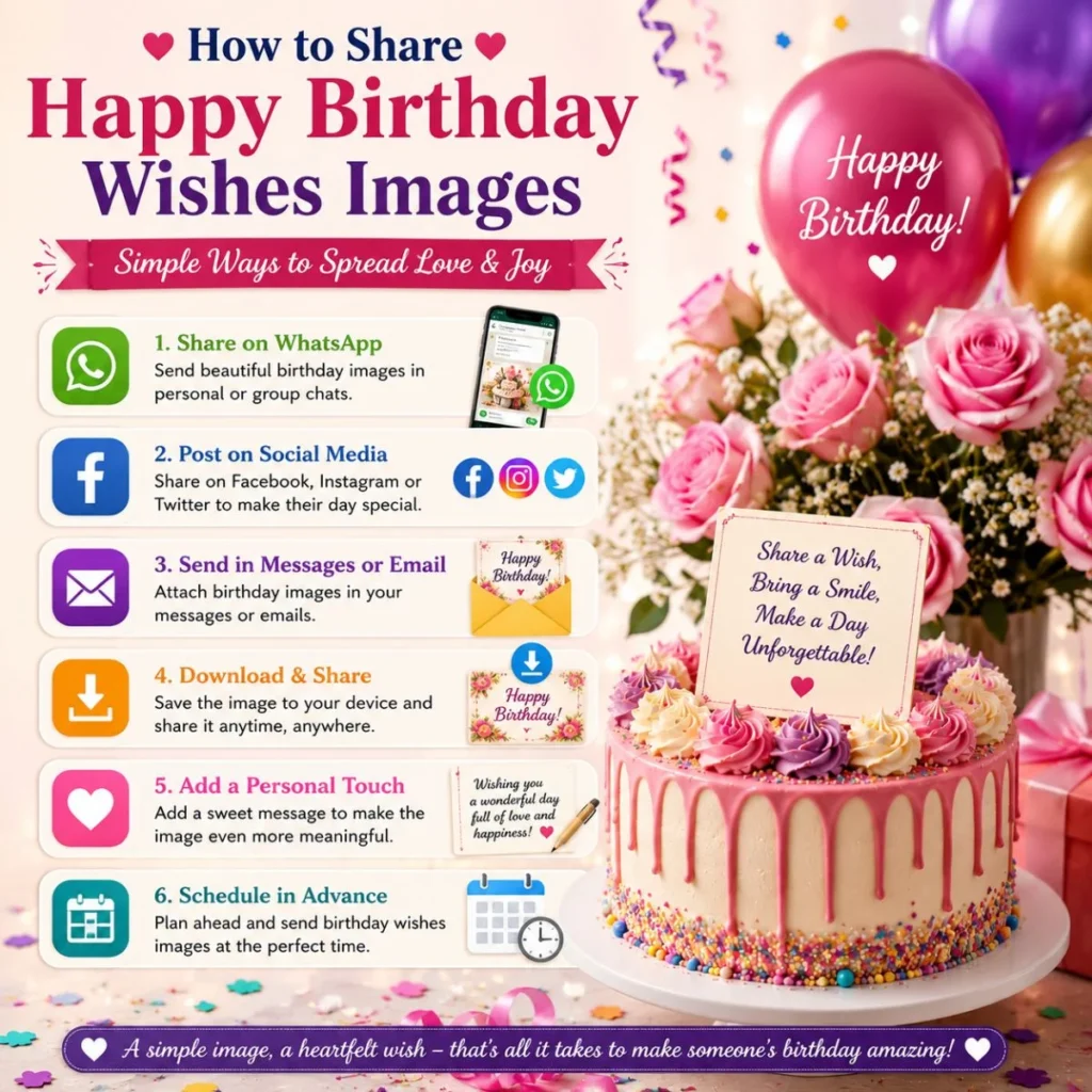 How to share happy birthday wishes images using WhatsApp, social media, email, and greeting cards with a festive cake.