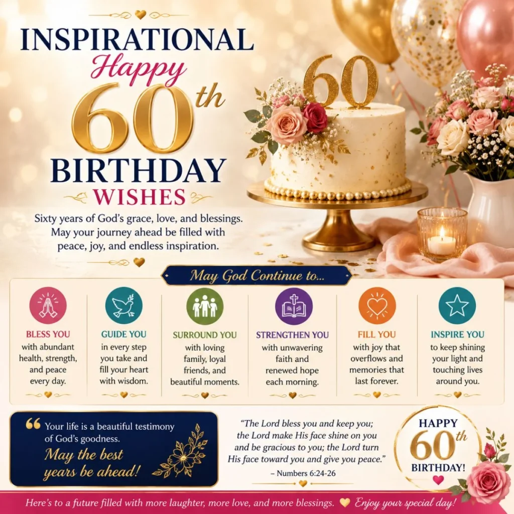 Inspirational Happy 60th Birthday Wishes image with elegant cake, flowers, balloons, and faith-filled birthday blessings.