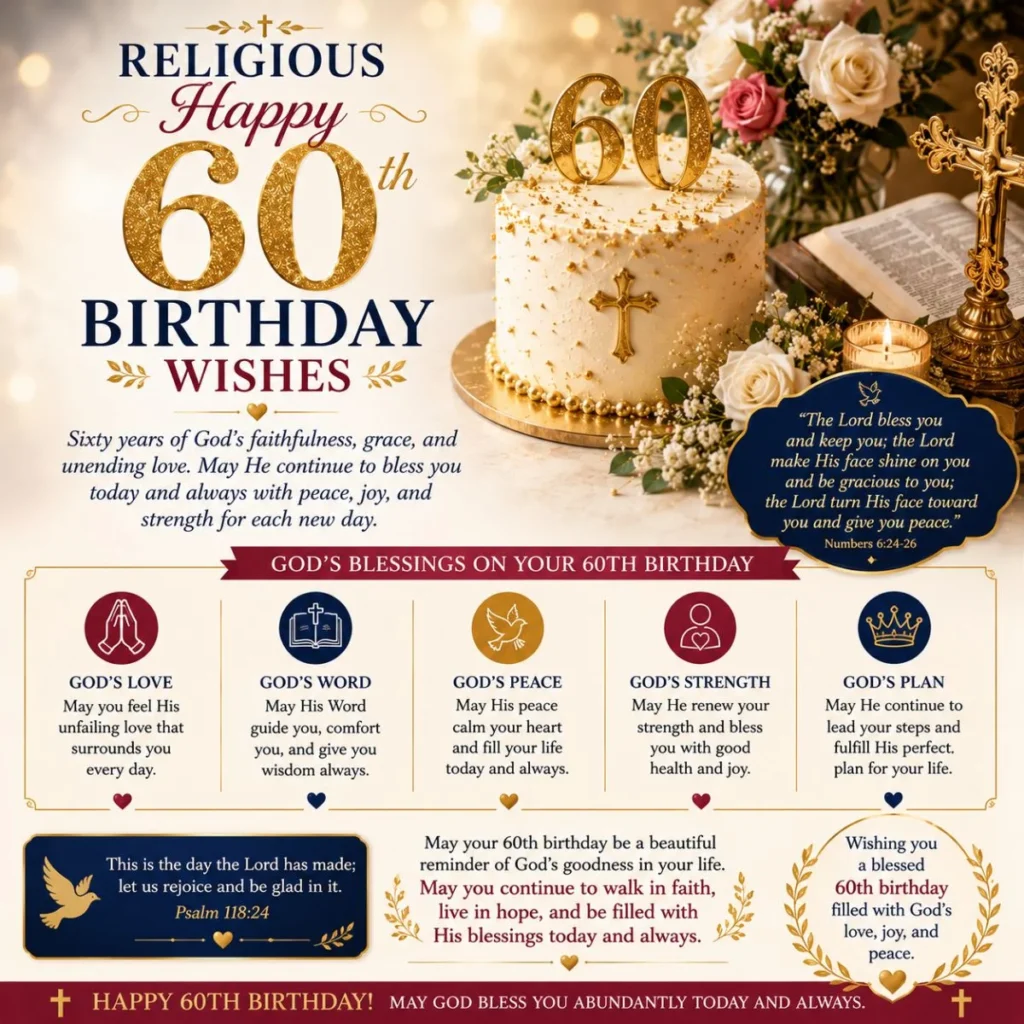 Religious Happy 60th Birthday Wishes image with faith-inspired cake, Bible, cross, flowers, and Christian birthday blessings.