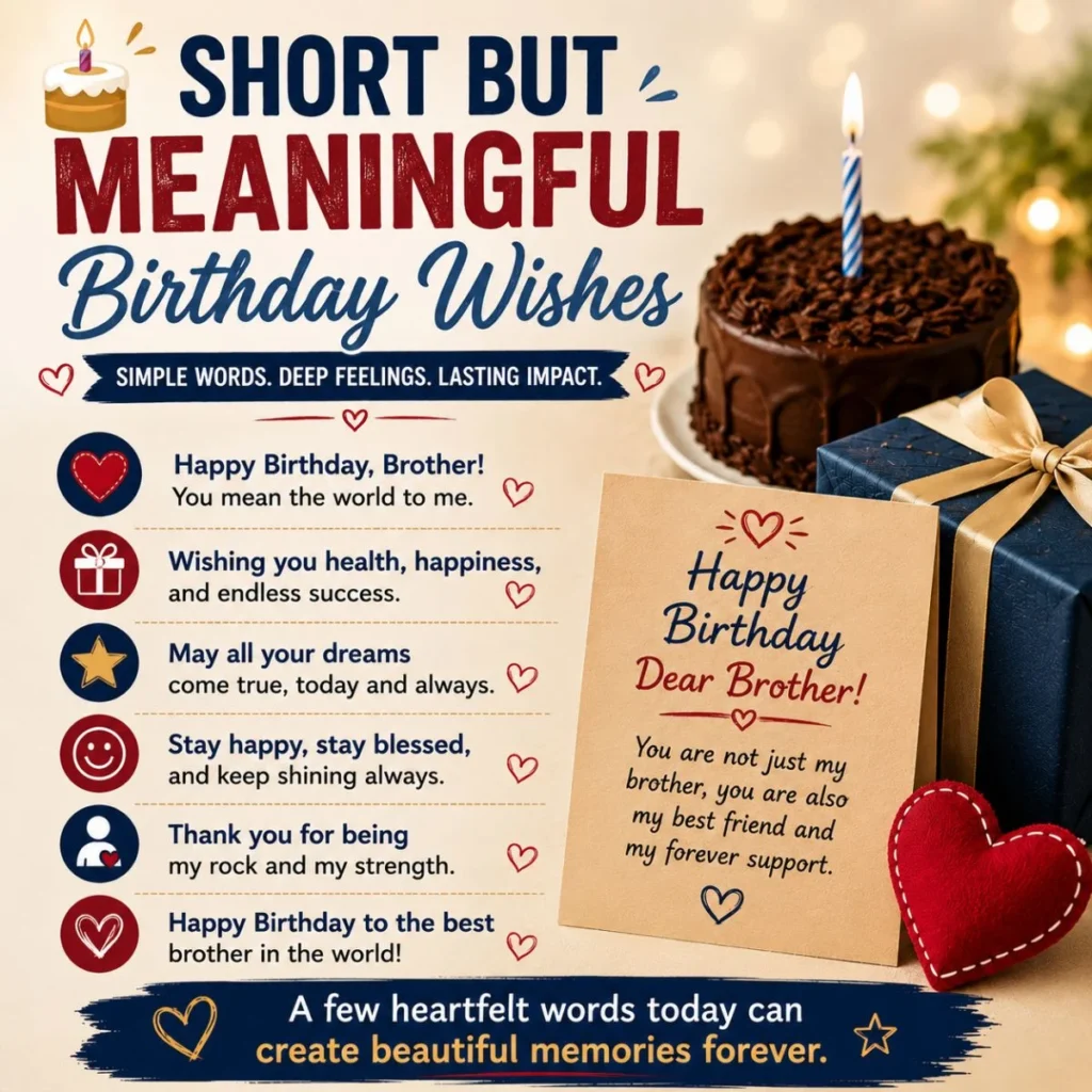 Short but meaningful birthday wishes for brother with birthday cake, gift box, greeting card, and heartfelt messages