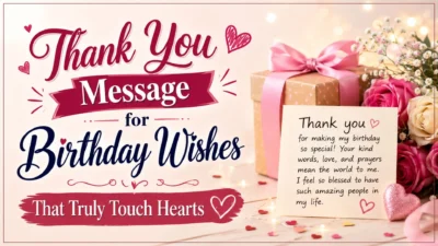 Thank you message for birthday wishes graphic with gift box, flowers, and heartfelt thank-you card on a warm background.