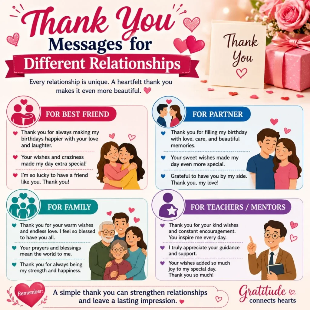 Thank you messages for different relationships featuring family, friends, partner, teacher, gift box, flowers, and thank-you card.