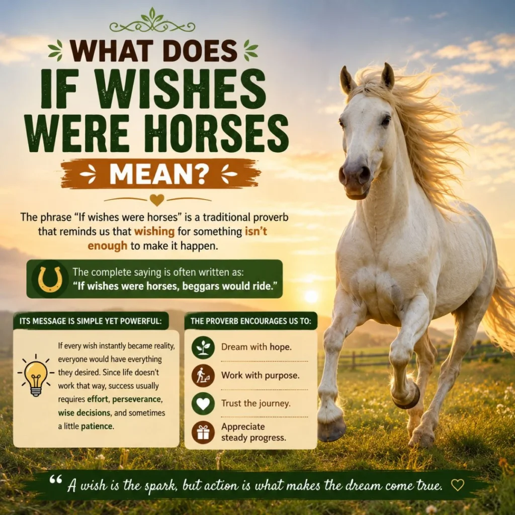 Infographic explaining what if wishes were horses means with a white horse, inspiring proverb, and life lessons