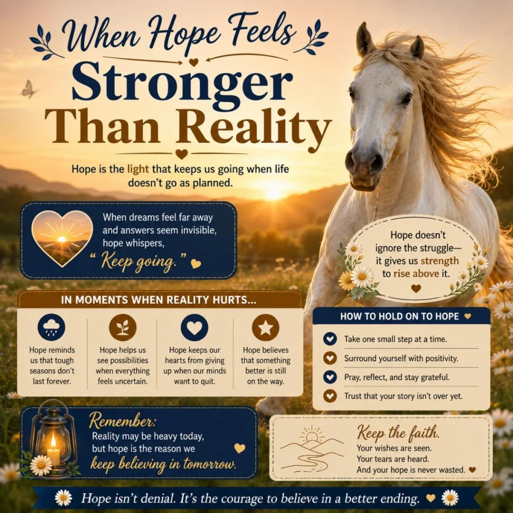 Hope feels stronger than reality infographic with a white horse, sunrise, and inspiring messages about faith and perseverance