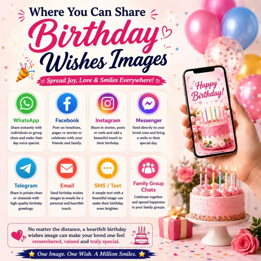 Infographic showing where to share birthday wishes images on WhatsApp, Facebook, Instagram, Messenger, Telegram, email, and SMS.
