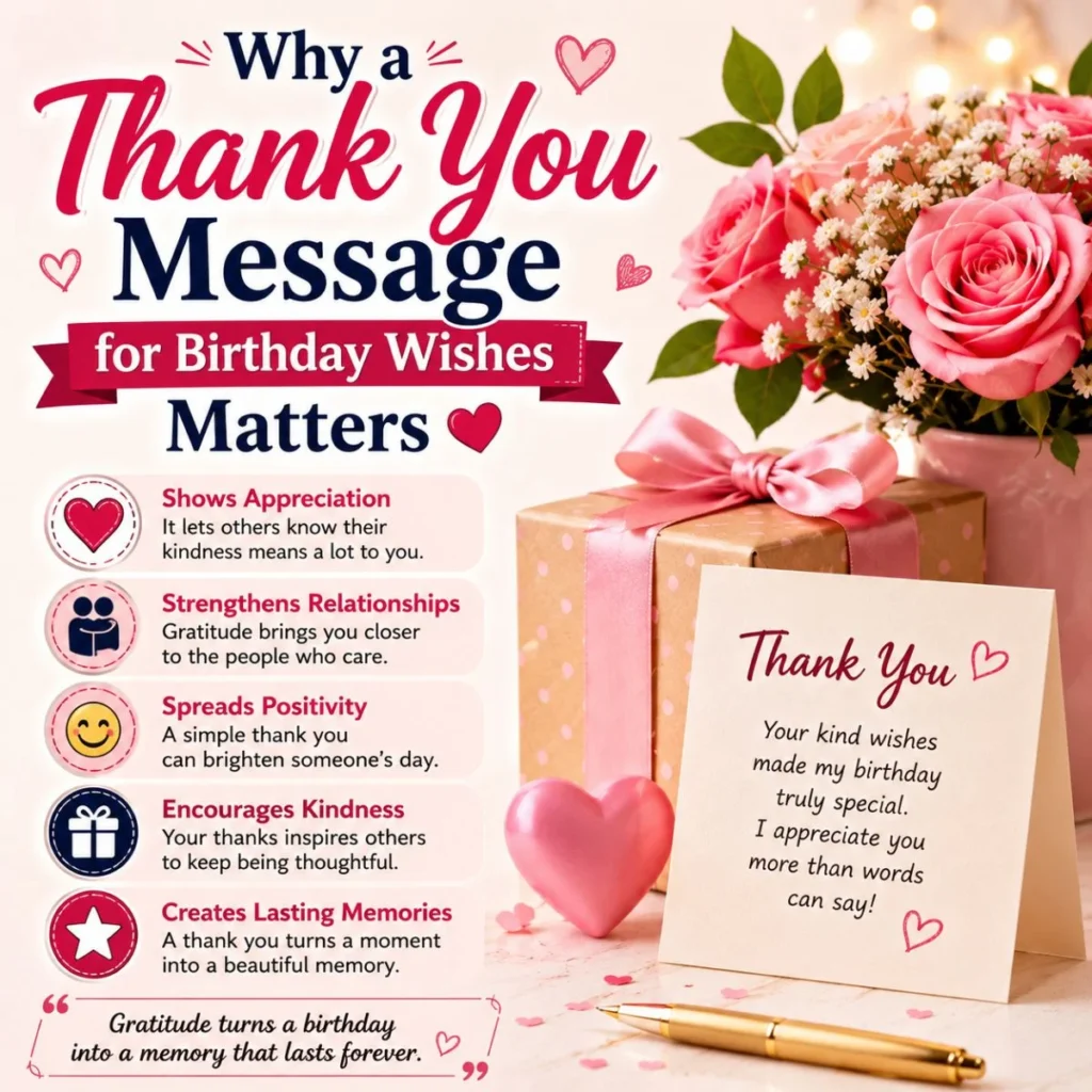 Why a thank you message for birthday wishes matters with gift box, roses, thank-you card, and gratitude benefits infographic.