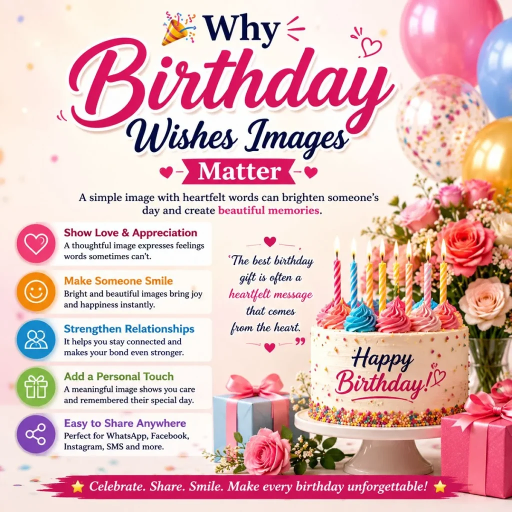 Why birthday wishes images matter infographic with birthday cake, balloons, gifts, and heartfelt celebration messages.