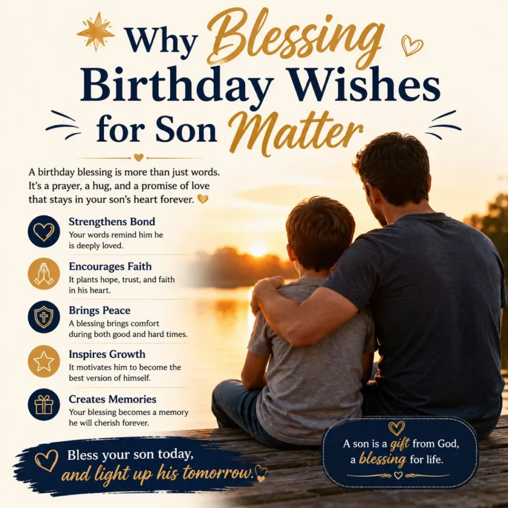 Father and son at sunset with blessing birthday wishes, showing why heartfelt birthday blessings for a son truly matter.