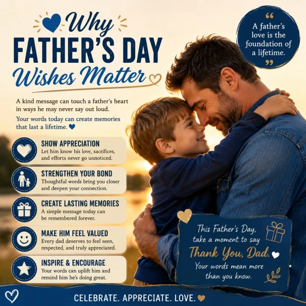 Why Father's Day wishes matter infographic showing a father hugging his son with heartfelt reasons to express love and gratitude.