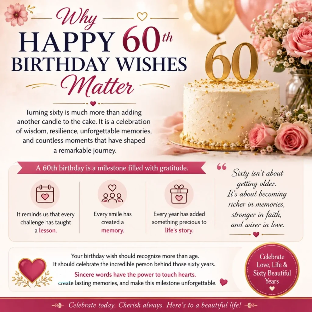 Why Happy 60th Birthday Wishes Matter infographic with elegant cake, roses, and heartfelt milestone celebration message.