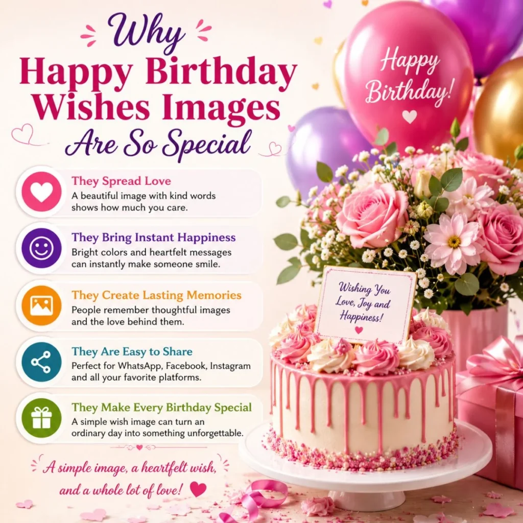 Why happy birthday wishes images are so special with a birthday cake, flowers, balloons, and heartfelt celebration message.