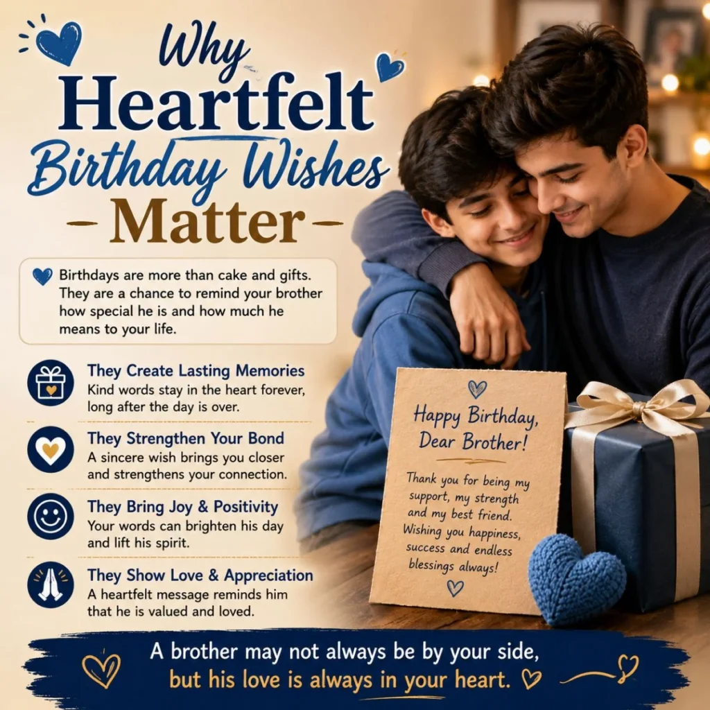 Why heartfelt birthday wishes matter with two brothers sharing a hug, a birthday card, and a thoughtful gift
